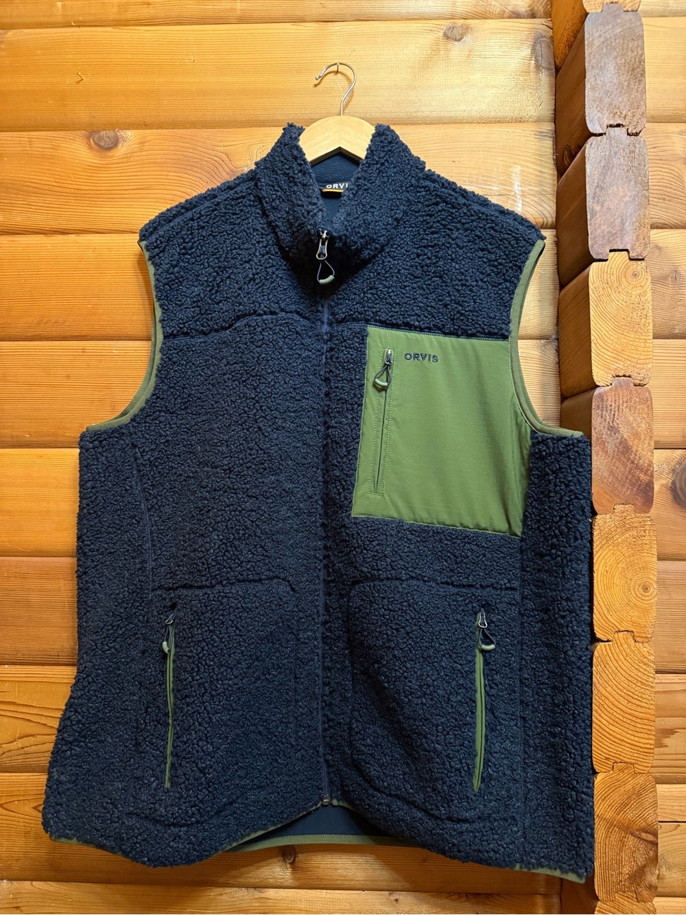 Orvis Navy Sherpa Fleece Vest with Olive Chest Pocket